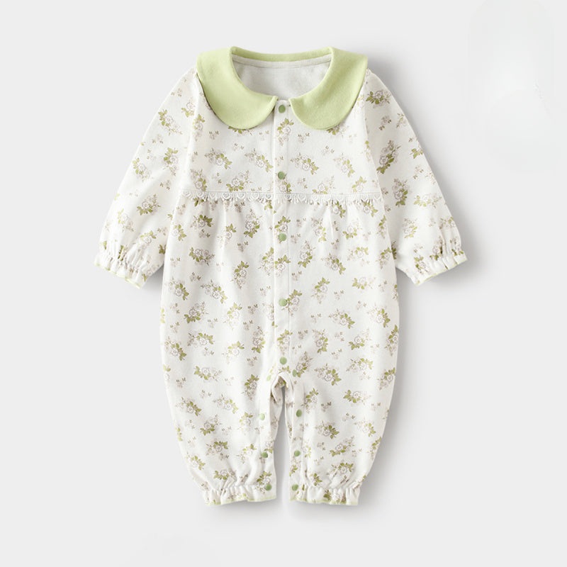 100% Cotton Long Sleeve Floral Romper – Green Garden 3-6 M