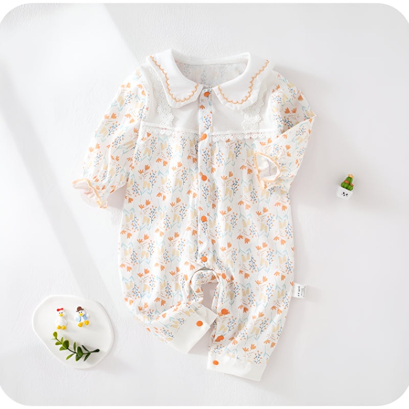100% Cotton Long Sleeve Floral Romper – Orange Blossom Orange Blossom 3-6 M