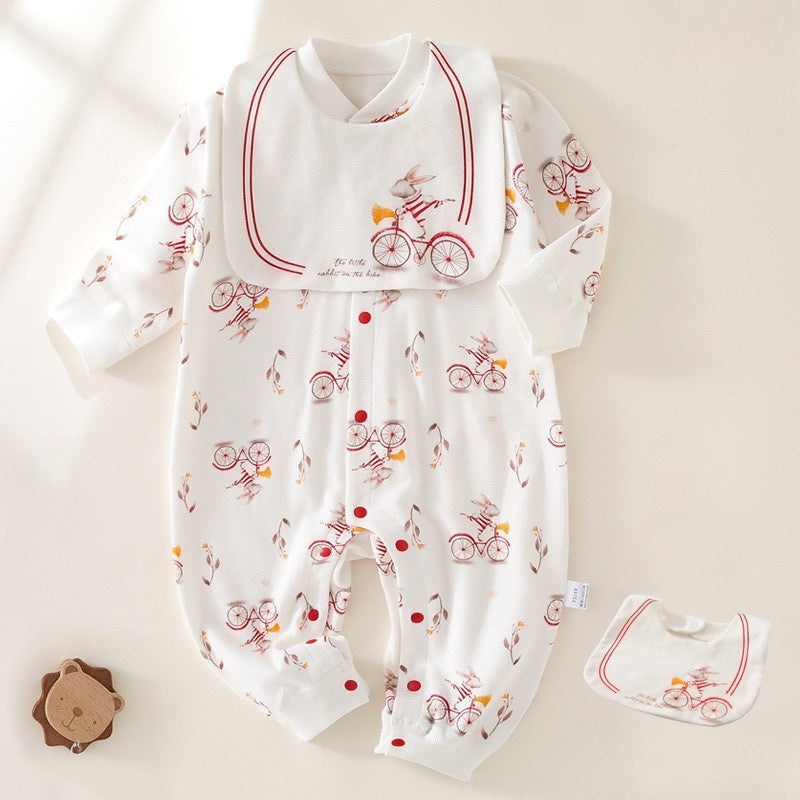 100% Cotton Long Sleeve Romper with Bib – Bunny with Bicycle Bunny with Bicycle NB