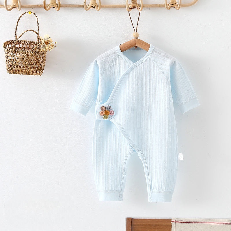 100% Cotton Long Sleeve Romper with Velcro Closure – Blue Flower Blue NB