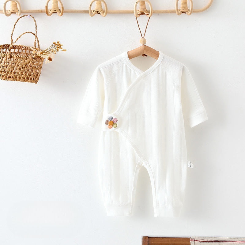 100% Cotton Long Sleeve Romper with Velcro Closure – White Flower White NB