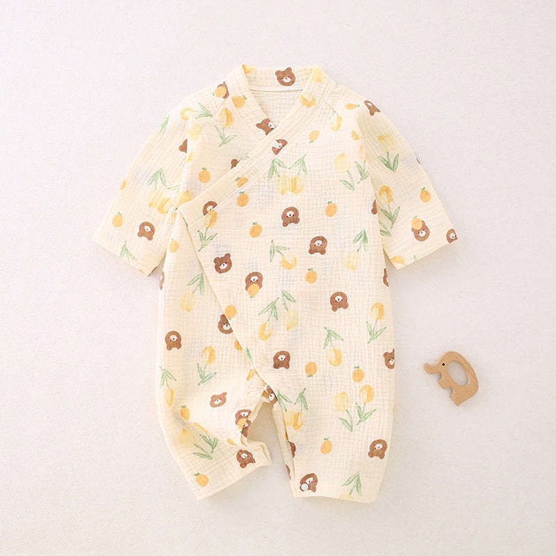 100% Cotton Muslin Long Sleeve Romper – Flowers with Bear Flowers with Bear 0-3 M