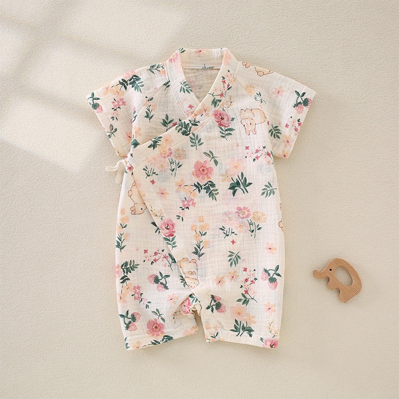 100% Cotton Muslin Short Sleeve Romper –  Flowers Flowers 0-3 M