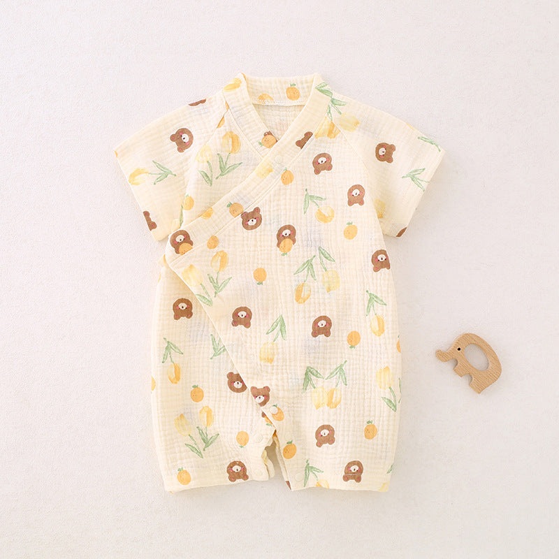 100% Cotton Muslin Short Sleeve Romper – Flowers with Bear Flowers with Bear 0-3 M