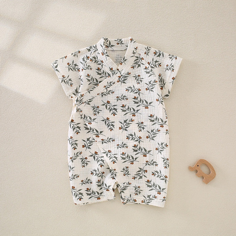 100% Cotton Muslin Short Sleeve Romper – Spring Leaves Spring Leaves 0-3 M
