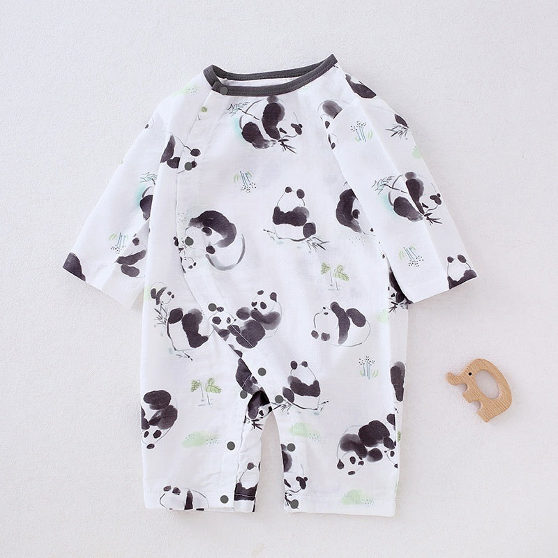 Cotton & Bamboo Muslin Long Sleeve Romper – Panda Penguin 0-3 M
