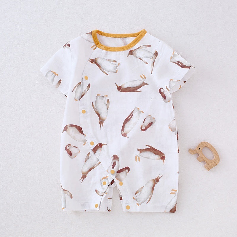 Cotton & Bamboo Muslin Short Sleeve Romper –  Dophin Penguin 0-3 M
