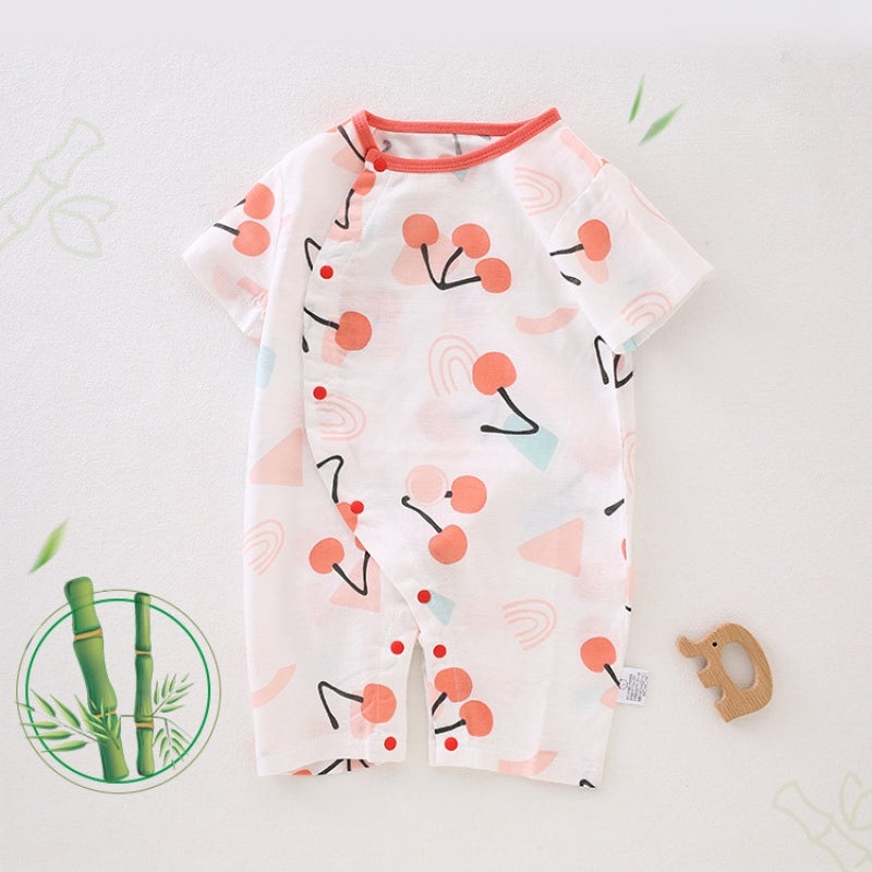 Cotton & Bamboo Muslin Short Sleeve Romper – Little Cherry Elephant 0-3 M