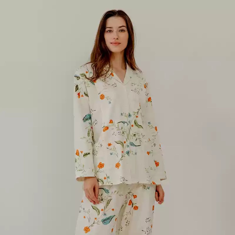 Cotton Button-Up Maternity Pajama-  Flowers Flowers M/ US 0-2