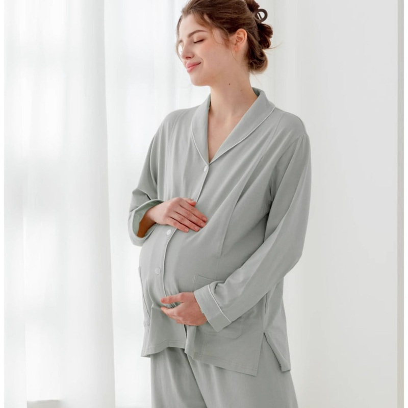 Cotton Button-Up Maternity Pajama-  Green Green M/ US 0-2