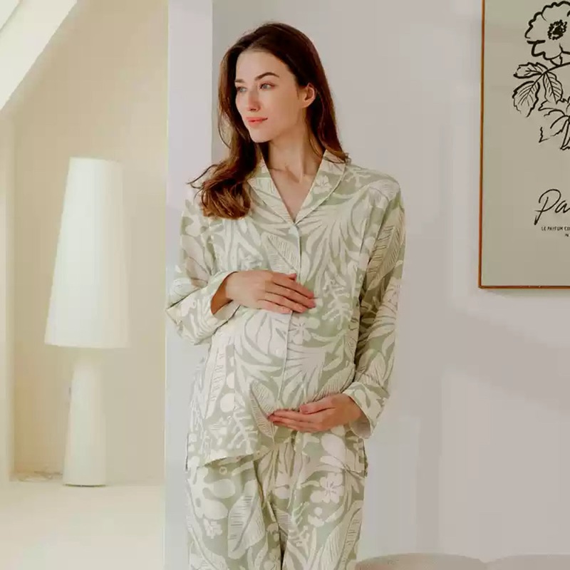 Cotton Button-Up Maternity Pajama-  Green Leave Green Leave M/ US 0-2