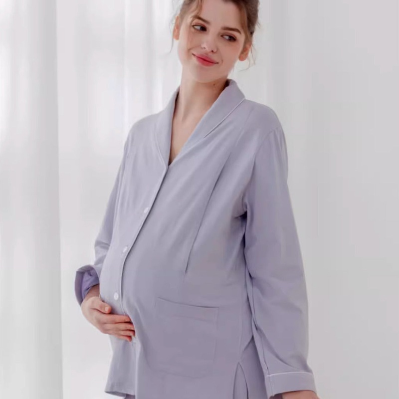 Cotton Button-Up Maternity Pajama-  Purple Purple M/ US 0-2