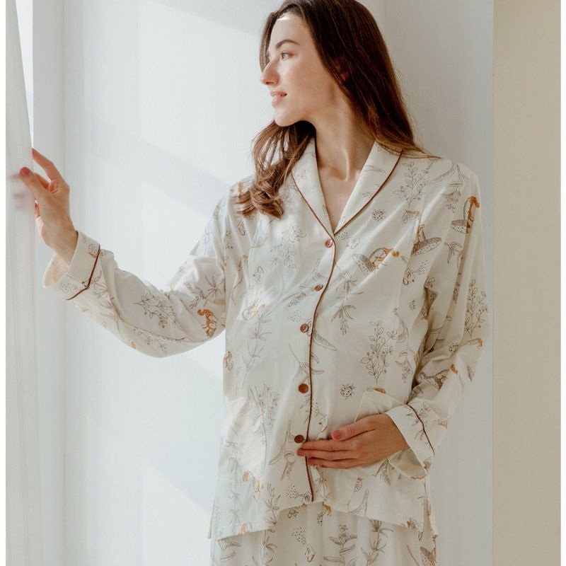 Cotton Button-Up Maternity Pajama-  Squirrel Squirrel M/ US 0-2