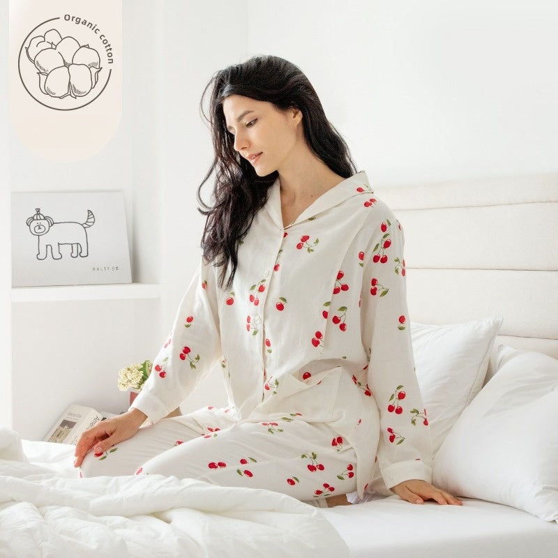 Organic Cotton Muslin Long Sleeve Button-Up Pajama –  Cherry Cherry M/ US 0-2