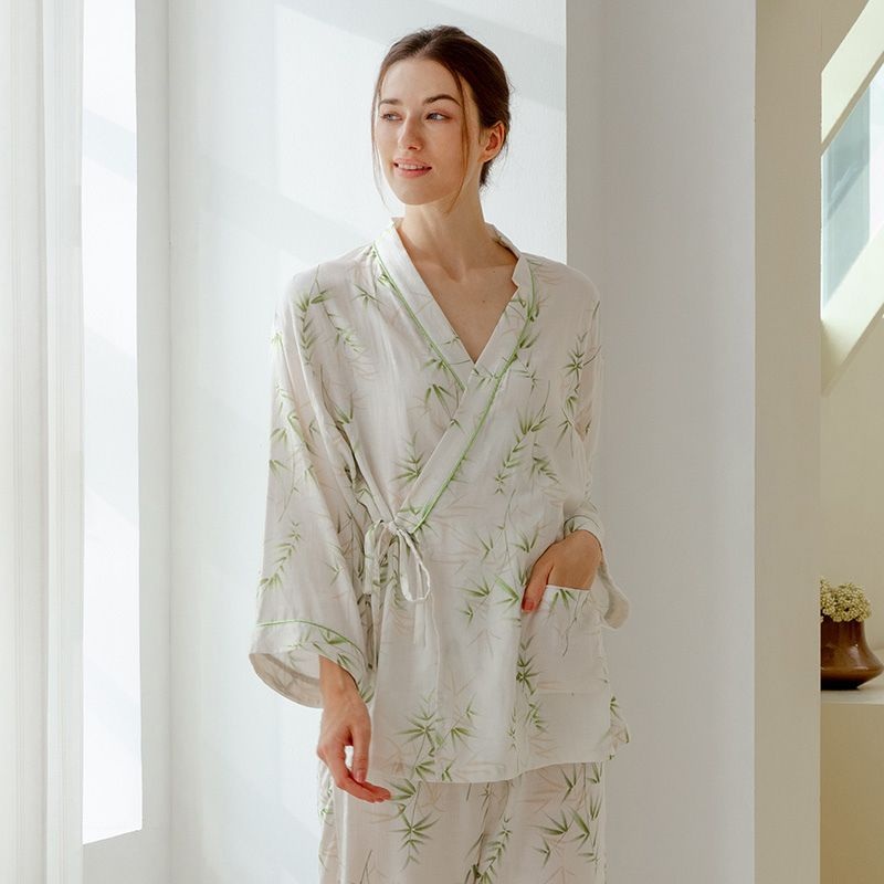 Organic Cotton Muslin Wrap Maternity Pajama Set-  Bamboo Bamboo M/ US 0-2