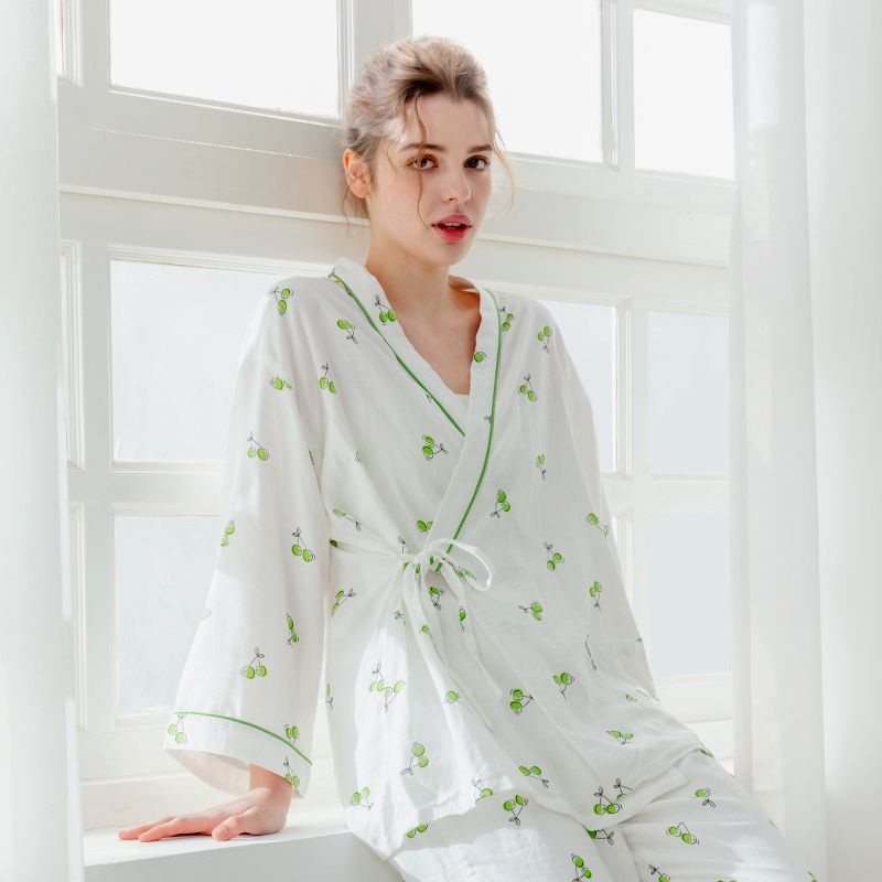 Organic Cotton Muslin Wrap Maternity Pajama Set-  Cherry Cherry M/ US 0-2