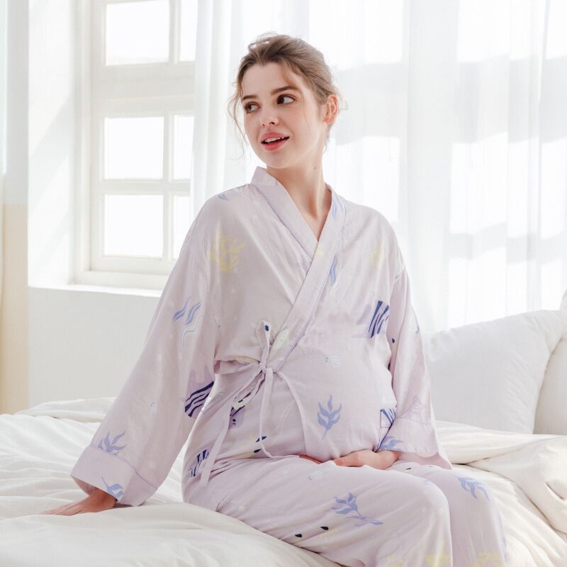 Organic Cotton Muslin Wrap Maternity Pajama Set-  Fish Fish M/ US 0-2