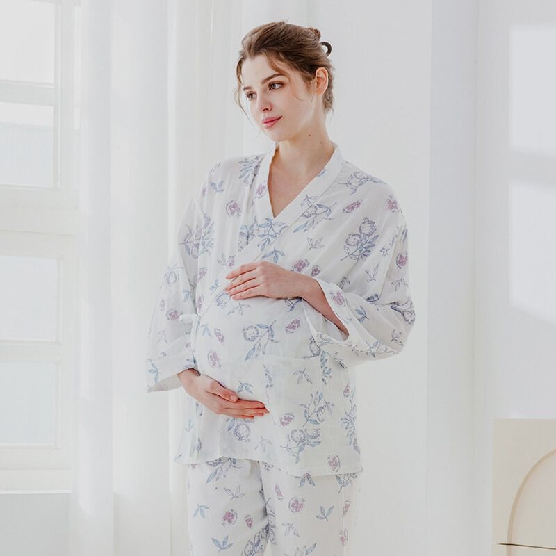 Organic Cotton Muslin Wrap Maternity Pajama Set-  Pomegranate Pomegranate M/ US 0-2