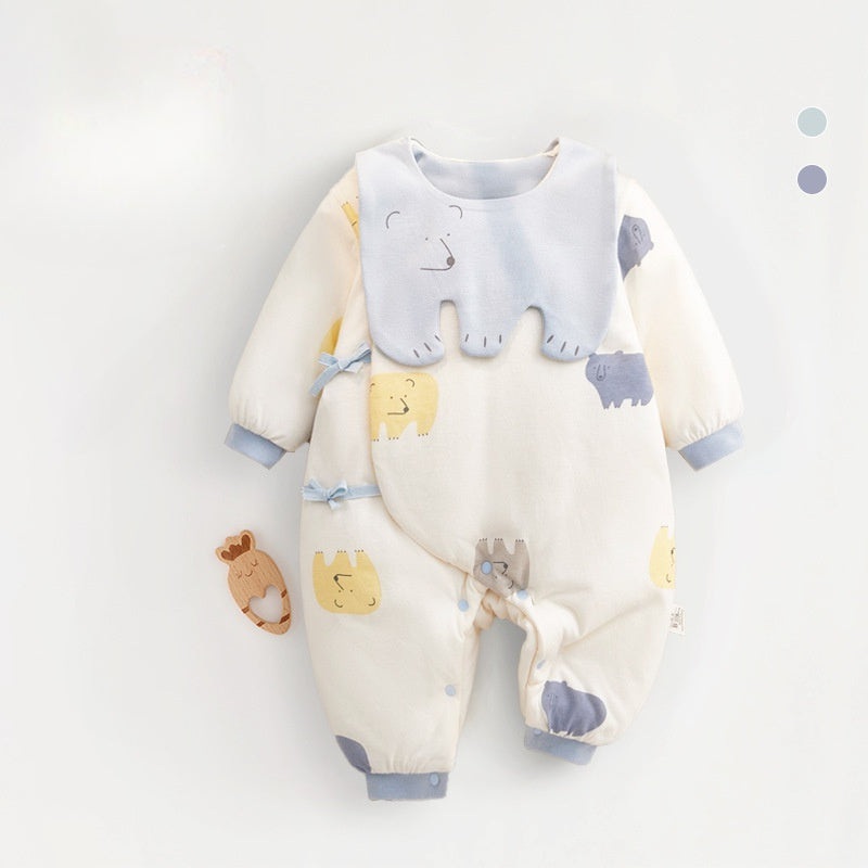100% Cotton Extra Warm Long Sleeve Quilted Romper with Bib- Blue Bear Blue Bear 0-3 M