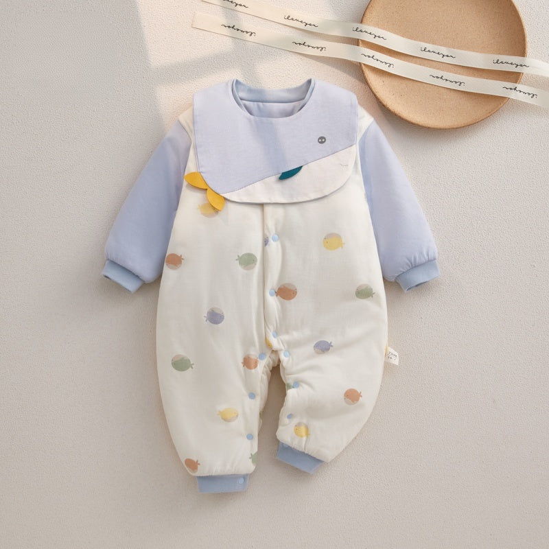 100% Cotton Extra Warm Long Sleeve Quilted Romper with Bib- Blue Whale Blue Whale 0-3 M