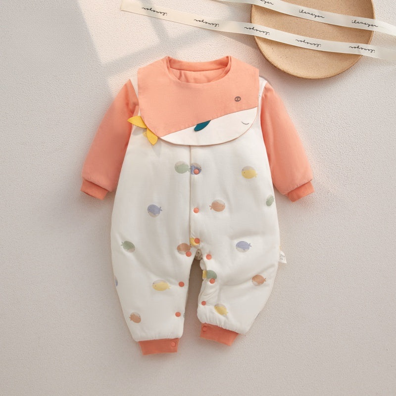 100% Cotton Extra Warm Long Sleeve Quilted Romper with Bib- Pink Whale Pink Whale 0-3 M