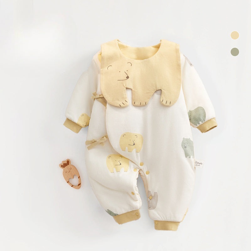 100% Cotton Extra Warm Long Sleeve Quilted Romper with Bib- Yellow Bear Yellow Bear 0-3 M