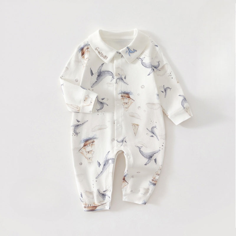100% Cotton Long Sleeve Snap-Up Romper – Cute Whale Cute Whale 3-6 M