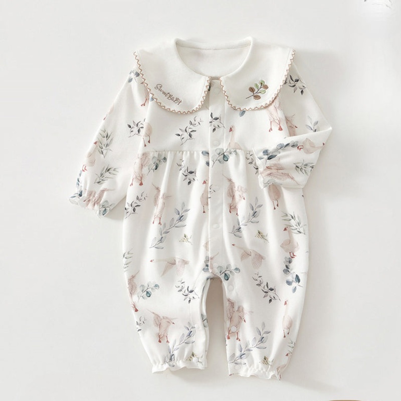 100% Cotton Long Sleeve Snap-Up Romper – White Crane White Crane 3-6 M