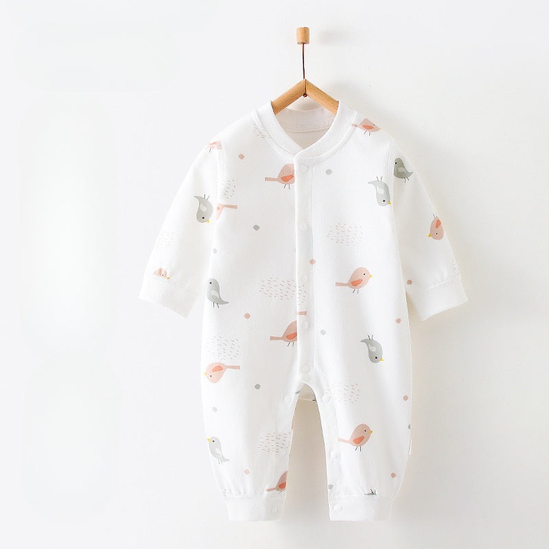 100% Cotton Snap-Up Long Sleeve Romper – Pink Bird Pink Bird 0-3 M