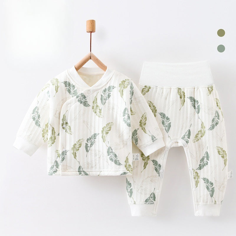100% Cotton Warm Long Sleeve Long Sleeve Top & Pants Set- Green Leave Green Leave 0-3 M