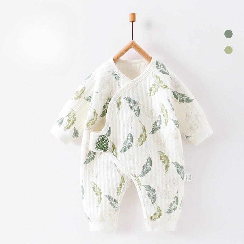 100% Cotton Warm Long Sleeve Romper with Velcro Closure – Green Leave Green Leave NB