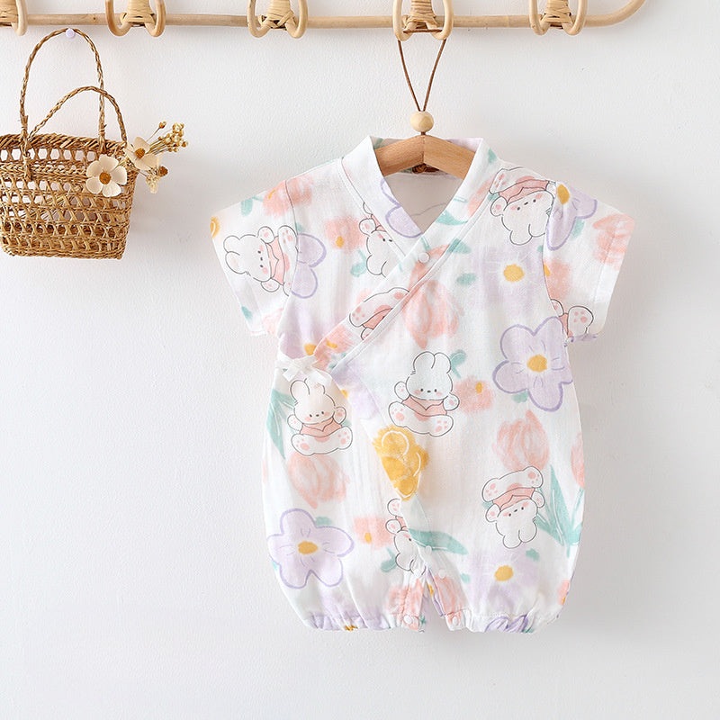 Cotton & Bamboo Muslin Short Sleeve Romper – Flower with Bunny Flower with Bunny 0-3 M