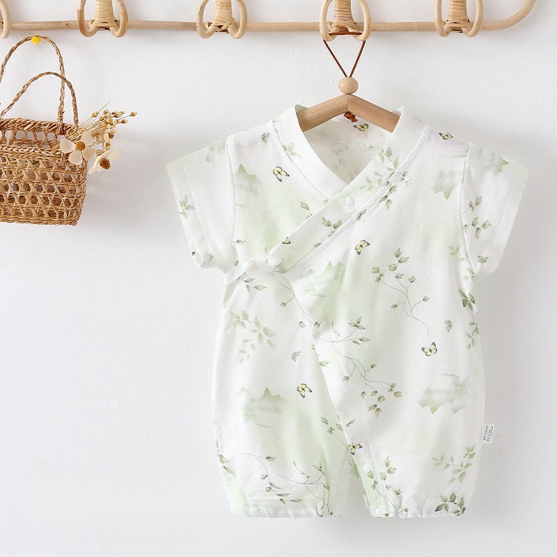 Cotton & Bamboo Muslin Short Sleeve Romper – Green Leaves Green Leaves 0-3 M