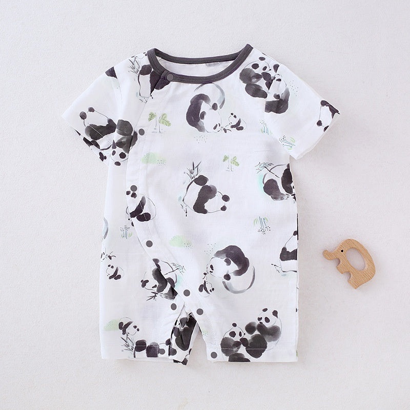 Cotton & Bamboo Muslin Short Sleeve Romper – Panda Panda 0-3 M