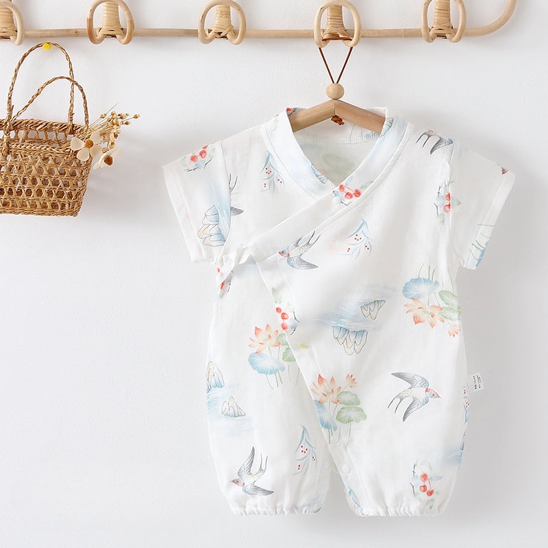 Cotton & Bamboo Muslin Short Sleeve Romper – Water Lily Water Lily 0-3 M