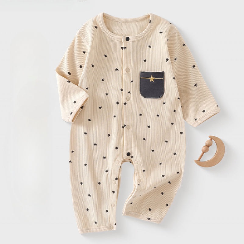 Cotton Snap-Up Long Sleeve Romper – Beige Star Beige Star 0-3 M