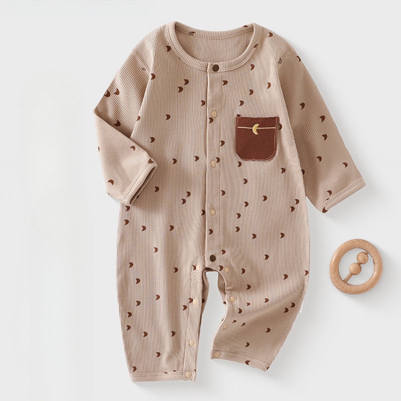 Cotton Snap-Up Long Sleeve Romper – Brown Moon Brown Moon 0-3 M