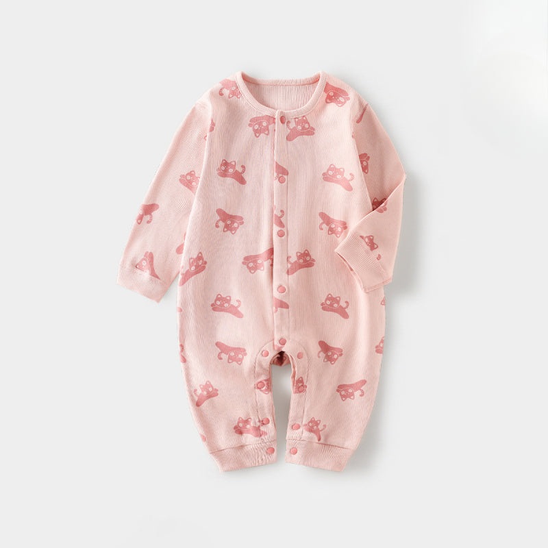Cotton Snap-Up Long Sleeve Romper – Pink Cat Pink Cat 3-6 M