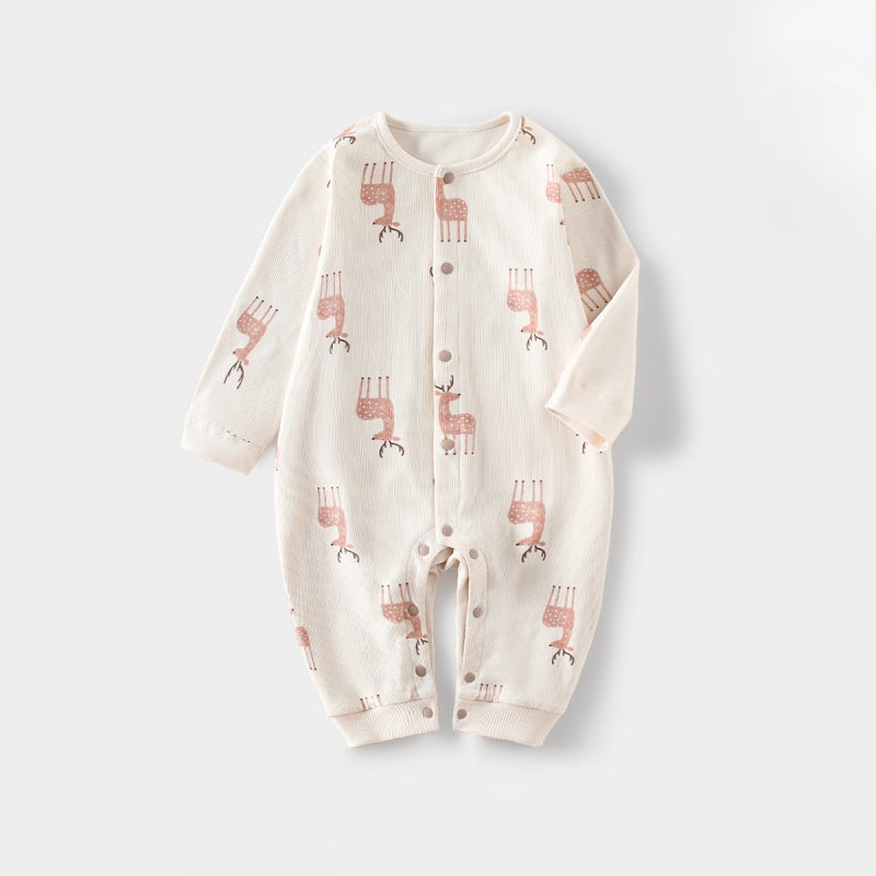 Cotton Snap-Up Long Sleeve Romper – Pink Deer Pink Deer 3-6 M