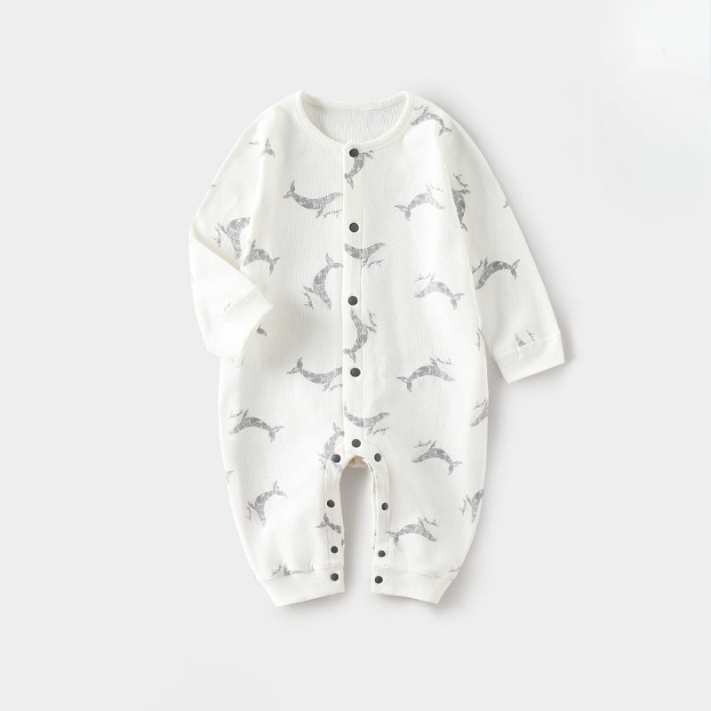 Cotton Snap-Up Long Sleeve Romper – White Dolphin White Dolphin 3-6 M