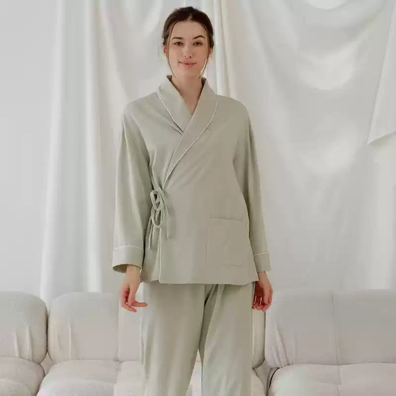 Cotton Wrap Maternity Pajama Set- Green Green M/ US 0-2