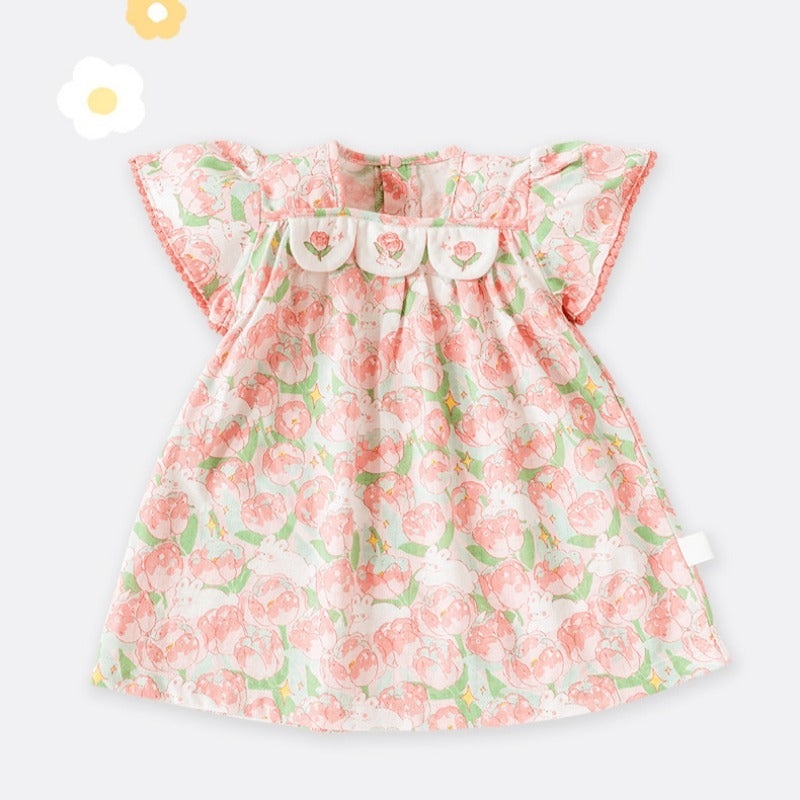100% Cotton Flutter-Sleeve Dress – Pink Blossom Pink Blossom 6-9 M