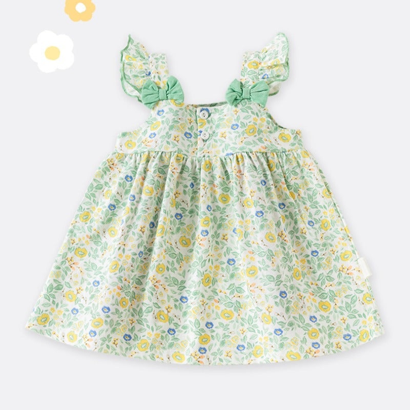 100% Cotton Flutter-Sleeve Dress – Spring Garden with Bowknot Green Spring Garden 6-9 M