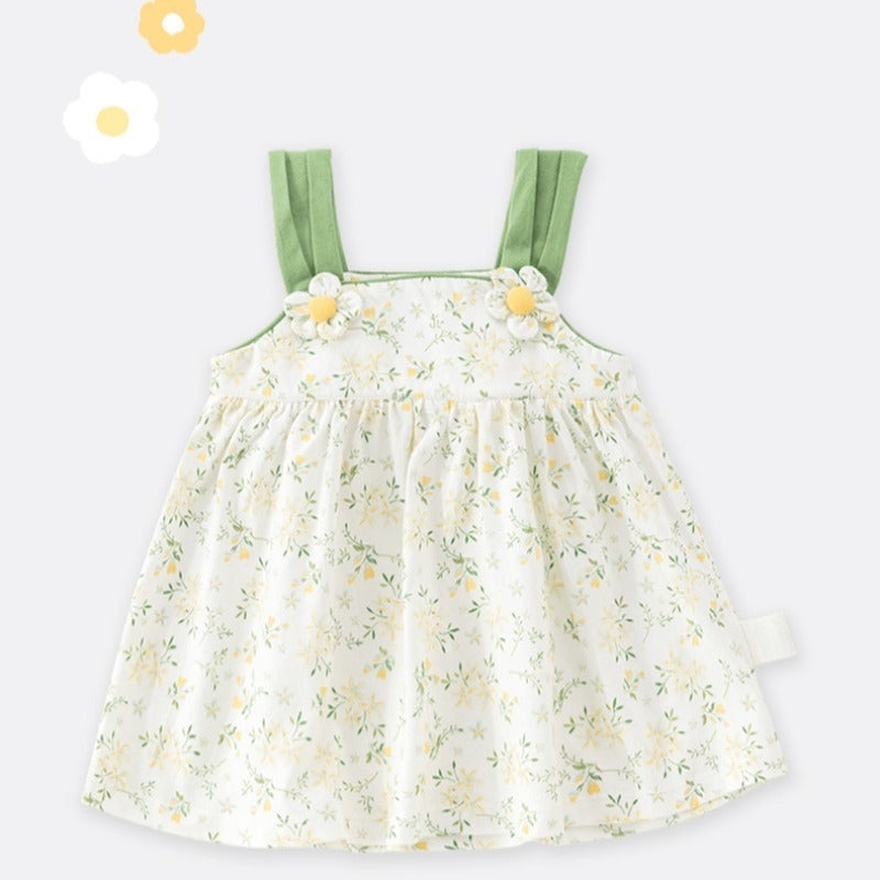 100% Cotton Flutter-Sleeve Dress – Yellow Flower Garden Green Floral Garden 6-9 M
