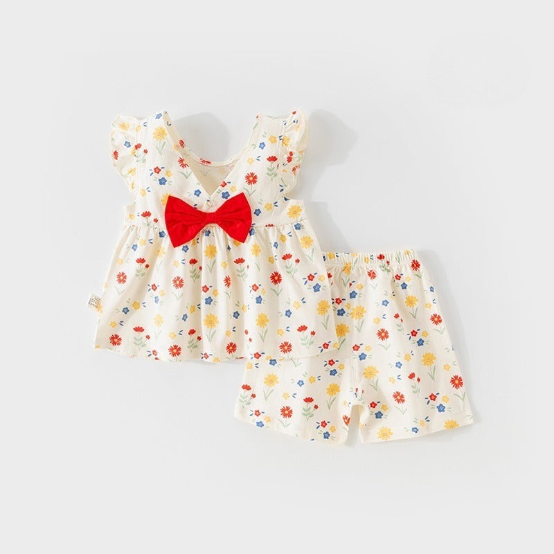 100% Cotton Flutter-Sleeve Top & Pants Set – Floral Garden & Bowknot Floral Garden & Bowknot 6-9 M