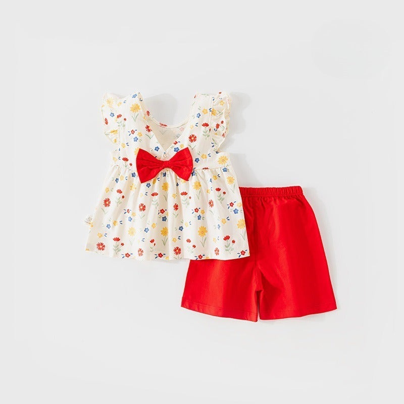 100% Cotton Flutter-Sleeve Top & Pants Set – Red Flowers & Bowknot Red Flowers & Bowknot 6-9 M