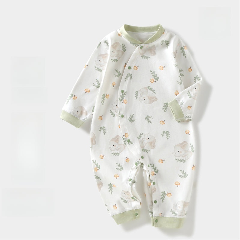 100% Cotton Long Sleeve Side-Snap Romper – Green Elephant Green Elephant 3-6 M