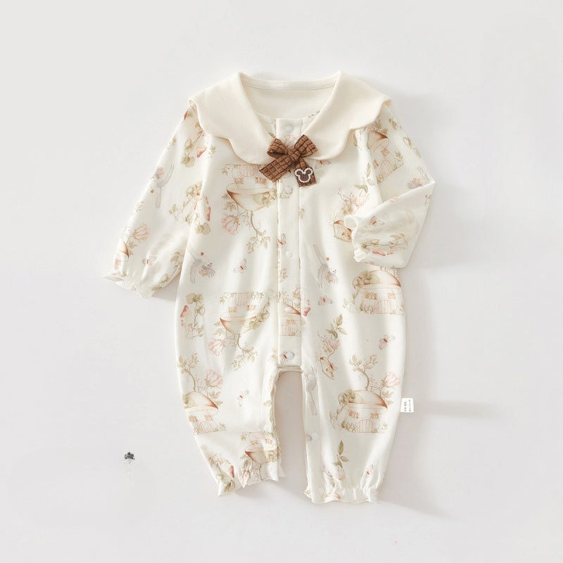 100% Cotton Long Sleeve Snap-Up Romper – Bowknot with Bird Bowknot with Bird 3-6 M