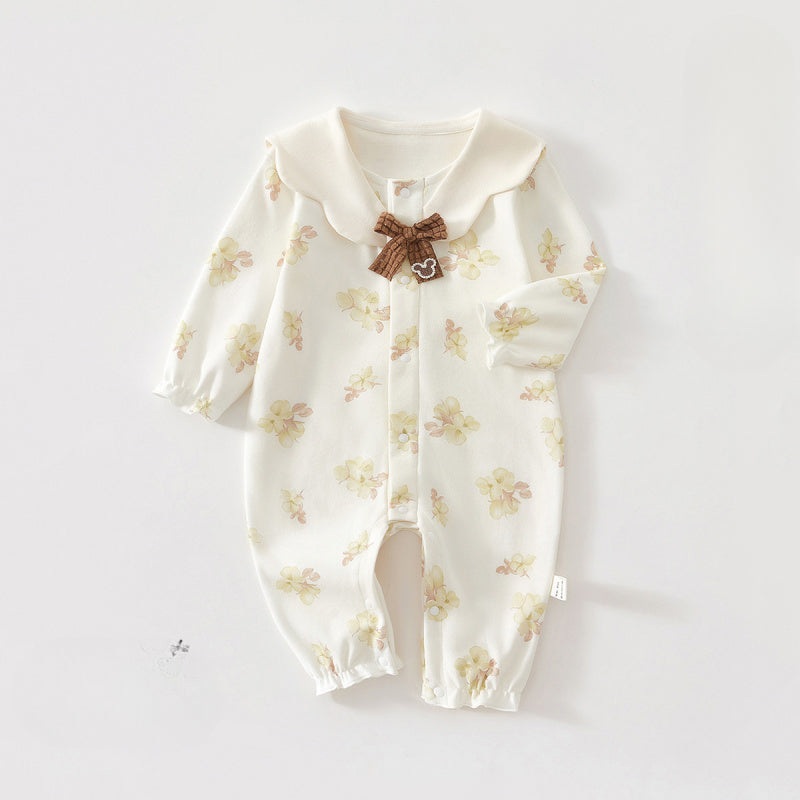 100% Cotton Long Sleeve Snap-Up Romper – Bowknot with Flowers Bowknot with Flowers 3-6 M