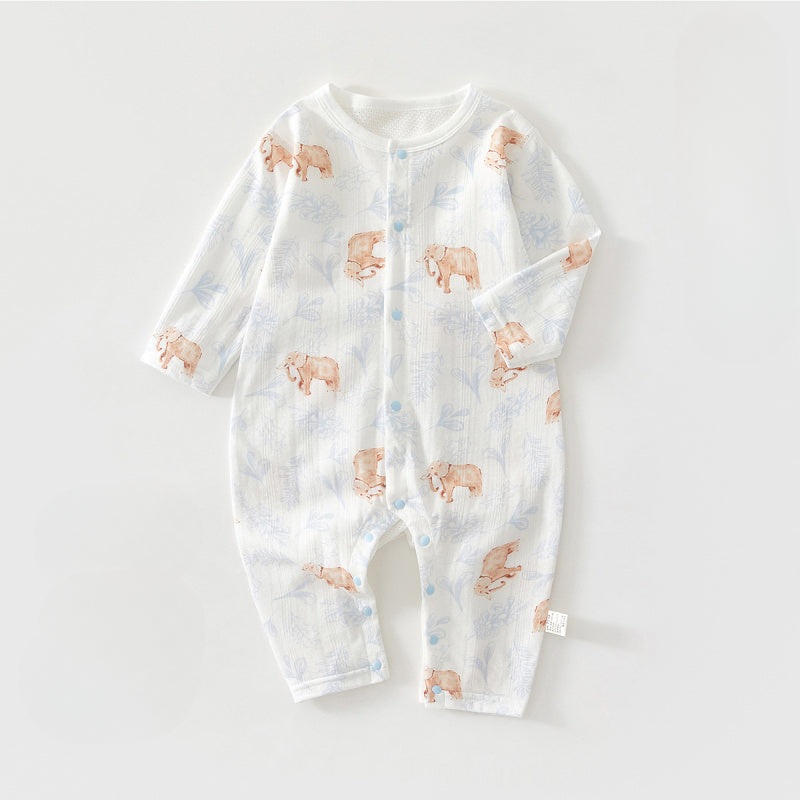 100% Cotton Long Sleeve Snap-Up Romper – Elephant & Flowers Elephant with Flowers 3-6 M